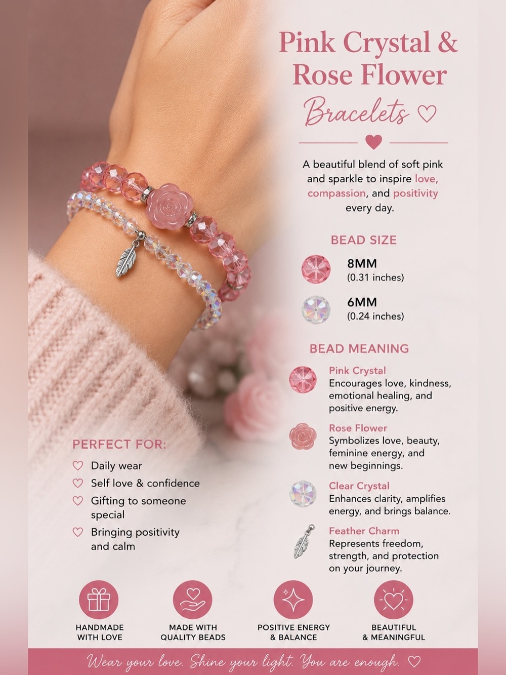 Pink Crystal & Rose Flower Bracelets
